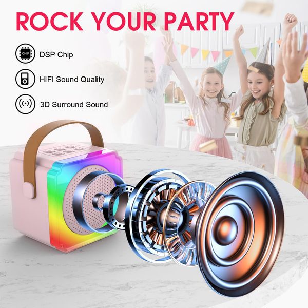 Kids Karaoke Machine for Girls and Boys, Portable Bluetooth Speaker with 2 Wireless Microphones, Birthday Gifts for Girls Ages 3-15, Pink