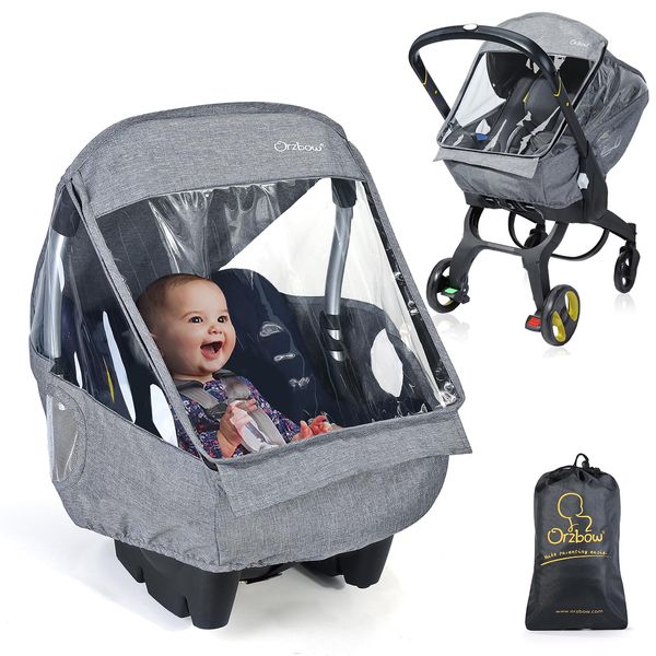 Orzbow Universal Baby Car Seat Rain Cover,Infant Car Seat Weather Shield with Bag,Handle Opening,Quick-Access Zipper and Side Ventilation,Necessary Protection for Baby or Pet in Crowded (Light Grey)