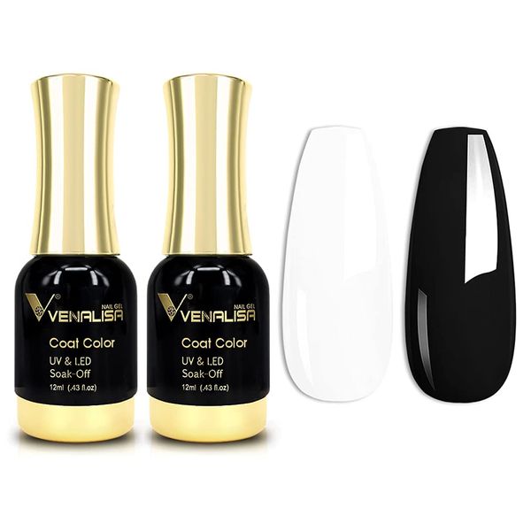 VENALISA 2Pcs Black White Gel Nail Polish Kit, Nail Gel Polish Set Soak Off UV LED Nail Art Starter Manicure Salon DIY at Home