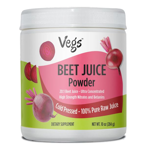 Vegs Beet Juice Powder, 20:1 Ultra Concentrated Nitrates, Betanines - Freeze Dried & Cold Pressed Organic Beet Root Juice - Boost Nitric Oxide, Healthy Circulation, Energy - Non-GMO Beet Powder, 10 oz