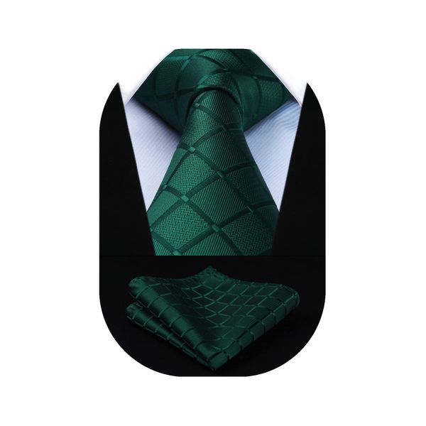 HISDERN Ties for Men Green Plaid Tie Handkerchief Classic Men's Necktie & Pocket Square Set Formal Mens Ties Emerald Hunter Forest Green for Wedding