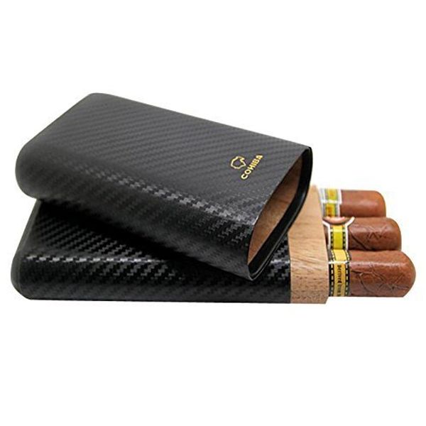 Cigar In Style Carbon Fiber Leather 3 Tube Wooden Cigar Case/Holder Travel Humidor