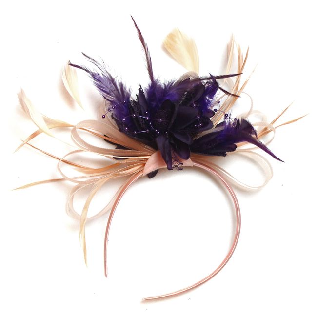 Caprilite Fashion Nude Salmon and Purple Feather Hair Fascinator Headband Wedding Royal Ascot Races Ladies