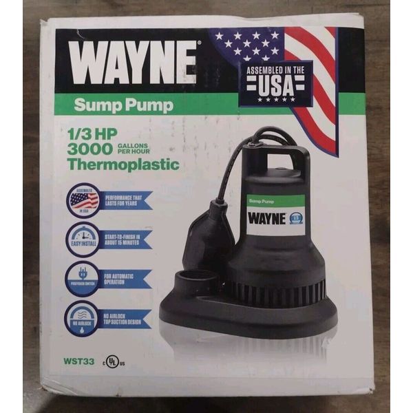 Wayne 1/3 HP 3000 GPH 50 GPM Sump Pump Submersible Thermoplastic Basement WST33