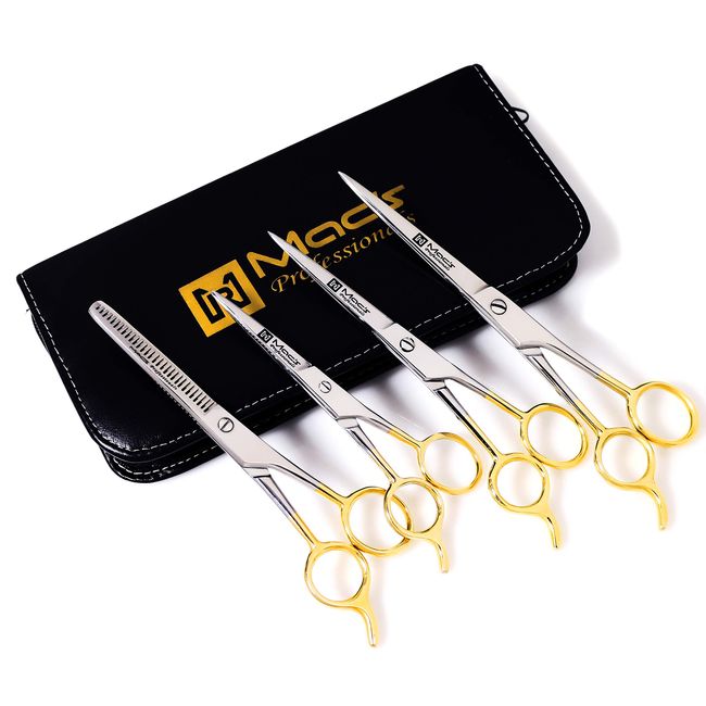 Macs Barber Scissor Hair Cutting Scissors Set Contain 4 PCs With Half Gold Plated 5.5" + 6.5" +7.5" Shears With 6.25" Texturizing Shears M/O/High Grade Stainless Steel with Black Leather Case-15001