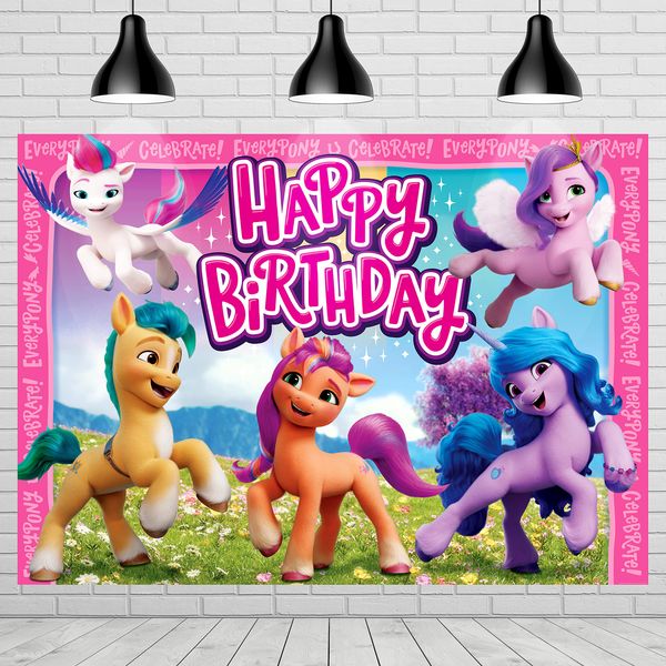 Treasures Gifted Officially Licensed My Little Pony Birthday Party Supplies - My Little Pony Backdrop - 4.25ft Tall x 6ft Wide My Little Pony Birthday Backdrop - My Little Pony Birthday Banner