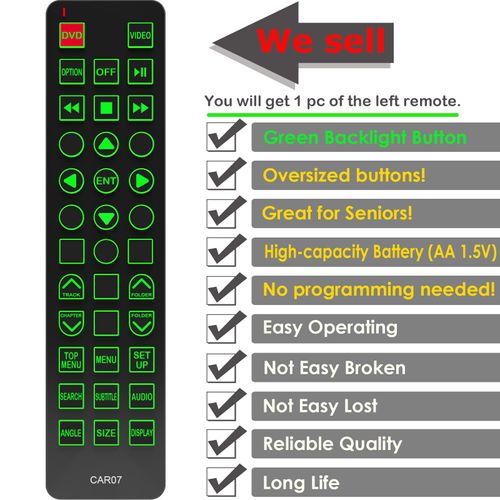 Replacement Remote Control for Toyota Sequoia 2008, 2009, 2010, 2011, 2012, Rear Entertainment DVD System, with Backlit, Oversized Buttons