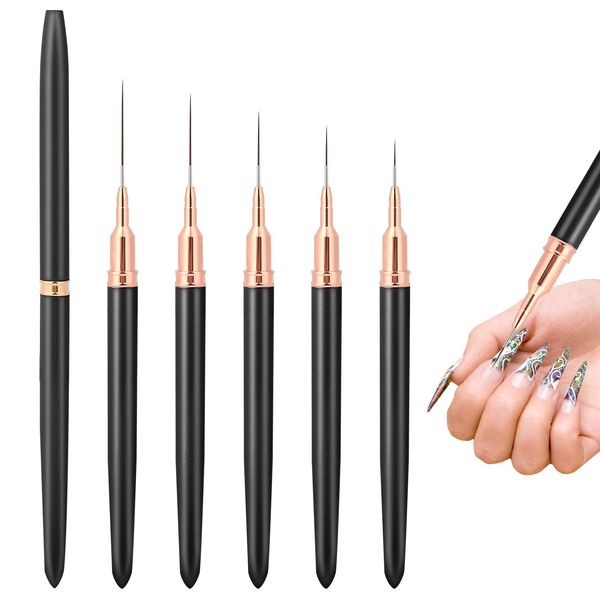 Nail Art Liner Brushes, 5Pcs 4/8/12/20/25mm Painting Nail Art Brush Set Nail Dotting Drawing Tool Nail Art Design Brush Detail Brush for Long Lines, Thin Details, Fine Drawing(Black)