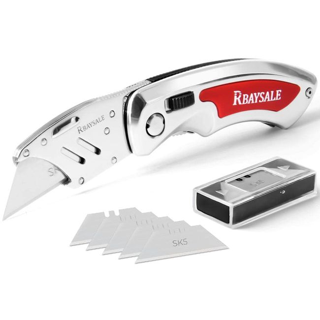 RBAYSALE Utility Knife Folding Heavy Duty Carpet Cutter with 5 SK5 Blades 420 Stainless Steel Retractable Box Cutter with Safety-Lock Design Craft Tradesman Knife 180g