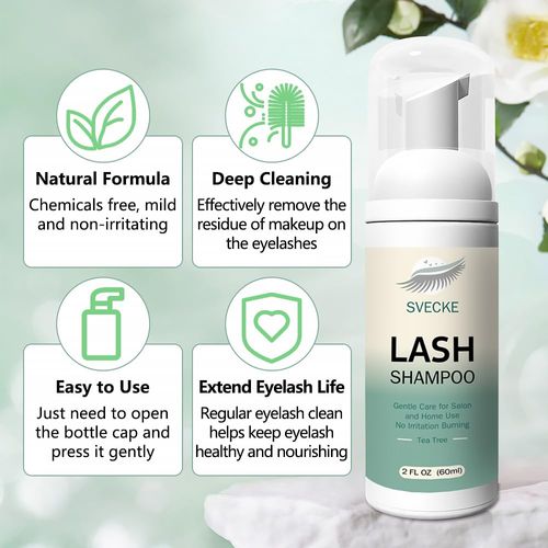 SVECKE Lash Shampoo Kit for Eyelash Extension, Eyelash Shampoo 2 fl.oz / 60ml, Eyelash Extension Cleanser, Lash Eyelid Foam Cleaning Kit for Salon Use and Home Use (Tea Tree)