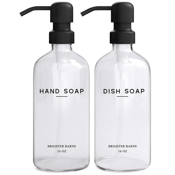 Clear Glass Hand and Dish Soap Dispenser Set by Brighter Barns - Kitchen Soap Dispenser Set & Pump - Farmhouse Soap Dispenser for Kitchen Sink - Modern Kitchen Decor, Bathroom Accessories (Clear)