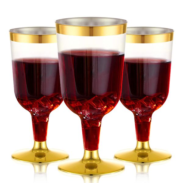 N9R 30 Pack Plastic Wine Glasses with Gold Rim, 6 Oz Plastic Wine glasses with Stem, Disposable Wine Cups Reusable Suitable for Party Weeding Birthday