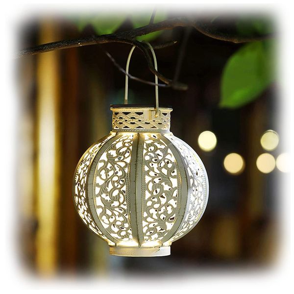 MAGGIFT 2 Pack Hanging Solar Lights,Outdoor Ramadan Solar Lanterns,Garden Decorative Hanging Solar Light,Beige White