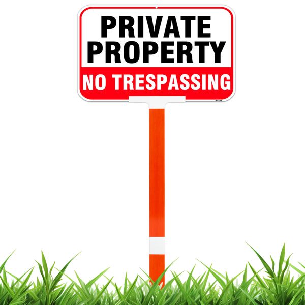 Large Private Property No Trespassing Sign with Stake 14x10 Inch/37 Inch Adjustable Height Fiberglass Pole, 40-mil Thick Metal Aluminum Weatherproof and Long-Lasting, Ideal for Home and Business