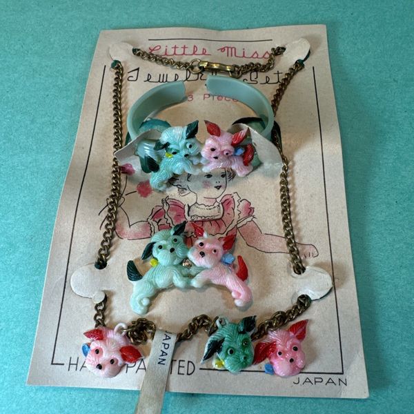 Little Miss SCOTTIE DOG  Childs Jewelry Set Bracelet Necklace Brooch, Japan NOS