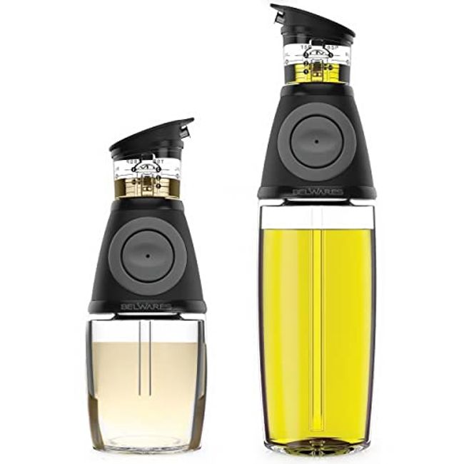 Olive Oil Dispenser - Measuring Oil Dispenser Bottle for Kitchen - Olive Oil Bottle Dispenser with Measuring Cups, Glass Cosmetic Dispenser for Liquid foundation, Lotion, Essential oil, 400 ML (Modern)
