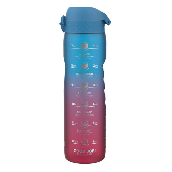 Ion8 1 Litre Water Bottle with Times to Drink, Leak Proof, Flip Lid, Carry Handle, Dishwasher Safe, BPA Free, Soft Touch Contoured Grip, Ideal for Gym, Health and Fitness, 32 oz, Blue & Pink