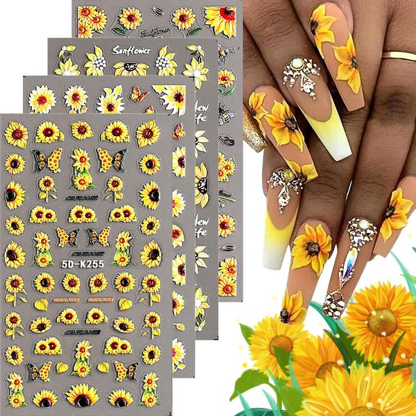 4Sheets Sunflowers Nail Art Stickers Decals 5D Embossed Summer Sun Flowers Nail Decals Engraved Flower Nail Sticker Designs Self-Adhesive Nail Sticker Supplies for Women Floral Manicure Decorations