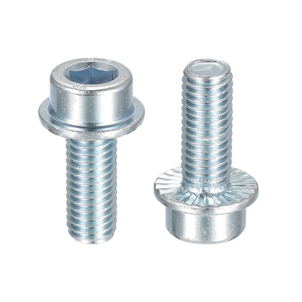 sourcing map M10x25mm Flanged Socket Head Cap Screws, 10pcs 8.8 Grade Carbon Steel Hex Socket Head Serrated Flange Bolts Machine Screws