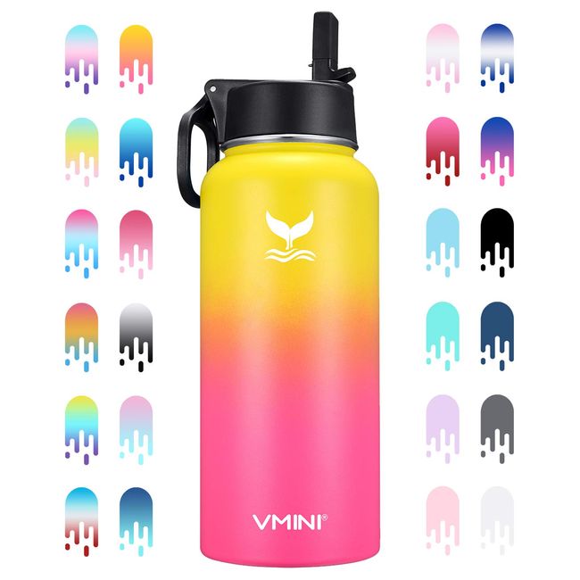 Vmini Water Bottle with New Wide Handle Straw Lid, Wide Mouth Vacuum Insulated 18/8 Stainless Steel, 32oz, Gradient Yellow + Pink