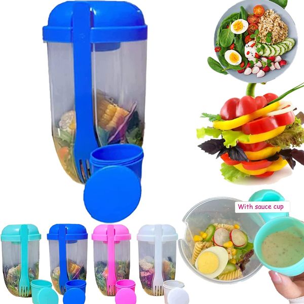 LAWRNCH Keep Fit Salad Meal Shaker Cup, Fresh Salad Cup to Go with Fork & Salad Dressing Holder, Salad Shaker Container to Go, Portable Fruit and Vegetable Salad Cups Container (Blue)