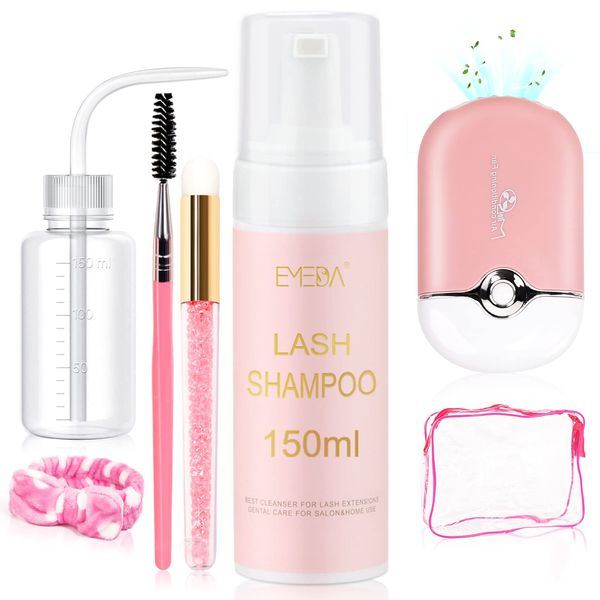 EMEDA Lash Shampoo for Lash Extensions Lash Cleaning Kit 150ml with Lash Fan Dryer Lash Extension Cleanser Oil Free Foam Soap Lash Bath with Rinse Bottle, Brush, Hair Band