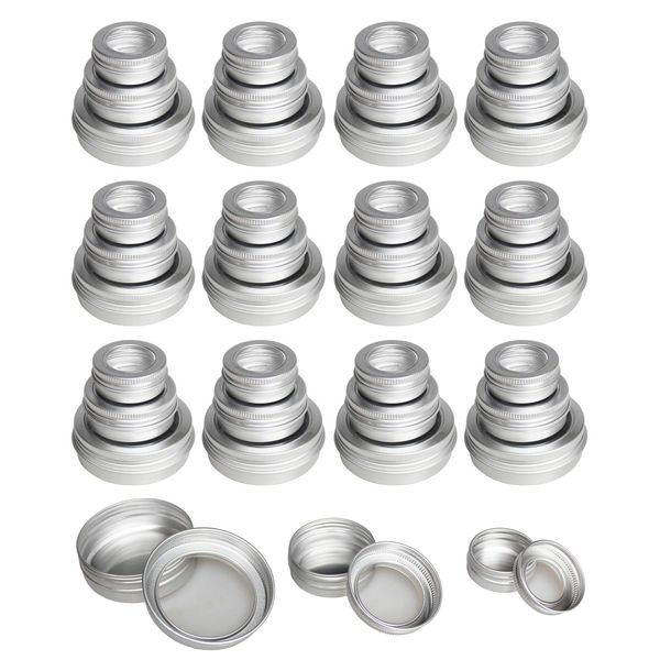 LJY 48 Pieces Round Metal Tins Empty Aluminum Cans Storage Containers Screw Lids with Clear Window, Mixed Sizes