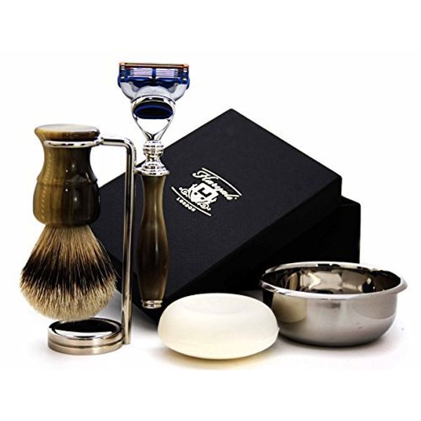 Haryali London 5 Edge Razor With Silver Tip Badger Hair Shaving Brush, Bowl, Soap and Stand Perfect Shaving Set For Mens