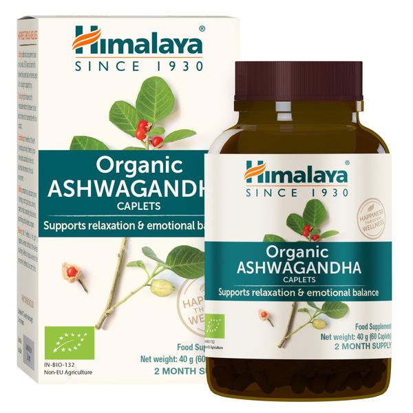 Himalaya Organic Ashwagandha, 60 Day Supply, Herbal Supplement for Stress Relief, Energy Support, Occasional Sleeplessness, Certified Organic, Vegan, Gluten Free, 670 mg, 60 Caplets