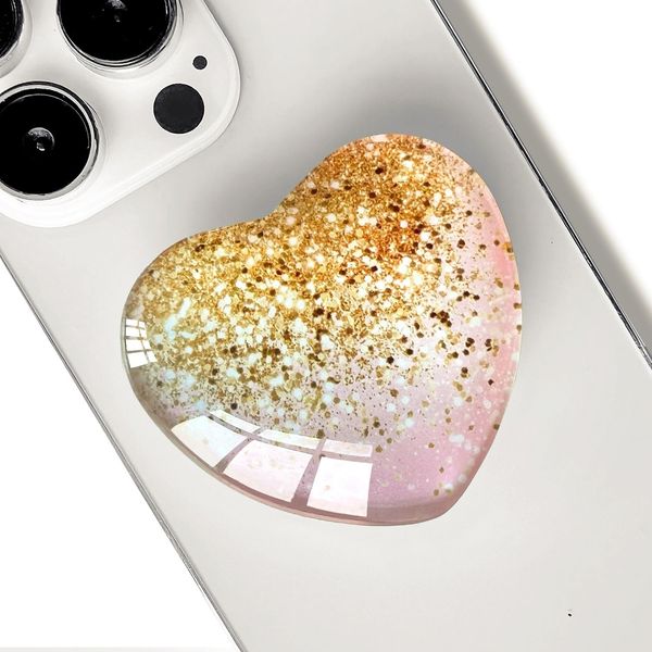 Ksadiye Expandiing Moblile Cell Phone Grip Heart Shape Glass Holder for Smartphones, Cellphone Collapsible Stand（ Pink Gold