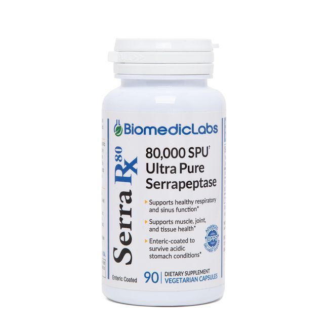 Serra-RX 80,000 SPU Serrapeptase - Enteric Coated Proteolytic Systemic Enzyme, Non-GMO, Gluten Free, Vegan, Supports Sinus & Lung Health, 90 Veg Capsules