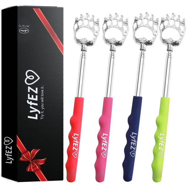 LyfEZ Back Scratchers for Men Women - Pack of 4 - Stainless Steel Portable Telescopic Tickler in Blue, Pink, Red and Slime Green Colours for Itch Relief with Rubber Handle - 21/58.5 cm