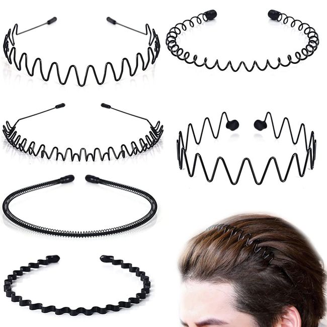 Clyhon Metall Haarband, 6 Stück Unisex Haarbänder Welle Schwarz Frühling Haarreifen, 90er Damen Herren Multi-Stil Stirnband Zubehör mit Rutschfesten Zähnen für Outdoor Sports Yoga