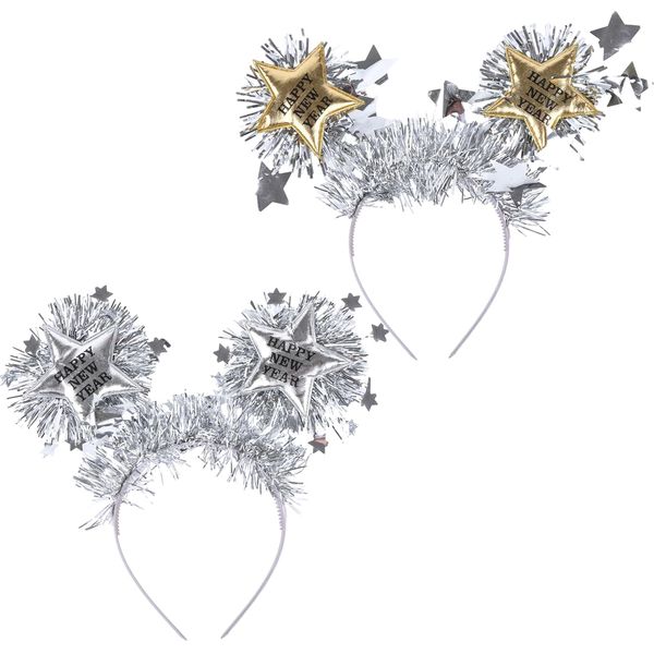 2 PCS Happy New Year Headband Women,Silver+Gold,Happy New Year Headbands Star Headband Tiara New Year Headdress,Cute Star Hair Hoop Xmas Hair Accessories,Christmas Holiday Party Supplies Favors