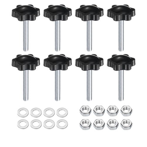 uxcell 8pcs Star Clamping Knobs with Nuts Washers, M6 x 40mm Metric Zinc Plated Carbon Steel Male Thread 32mm 6-Star Plastic Head, Threaded Stud Hand Knobs Handles Thumb Screws, Black
