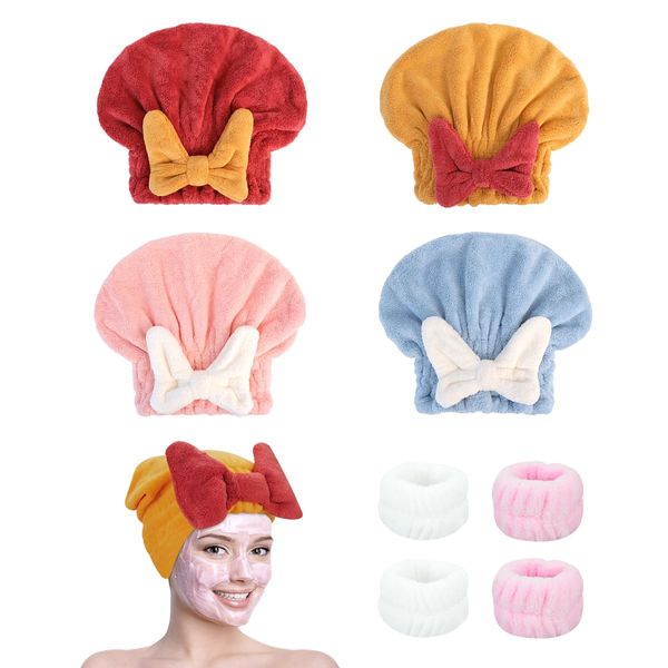 HAOTIAN-X 4 Stück Super saugfähiges Haartuch Wrap, Mikrofaser Haartrocknungshandtuch Kappen, Bowknot Schnelles Trocknen Haar Turban Wrap Handtuch mit 4 Waschen Wristbands, Schnell trocknende Mütze