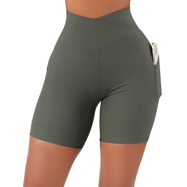 DOULAFASS Women V Cross Waist Workout Ribbed Shorts High Waisted Running Cycling Shorts Green