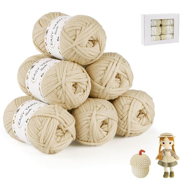 ilauke Crochet Yarn 6x50g, Beige Easy Knitting Yarn, No Split Yarn Thick Wool, Chunky Cotton Yarn for Crochet, Thick Bulky Cotton Yarn for Knitting, Crochet and Crafts