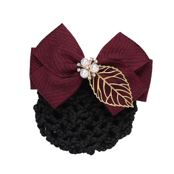 Women Rhinestone Pearl Hair Clip Bowknot Hair Snood Net Hair Clip Bun Cover Bow Barrette Hairnets Hair Accessories for Nurse Stewardess Red