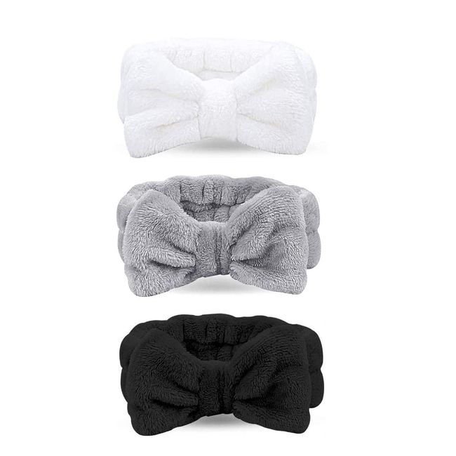 DDSHUN 3 Stück Makeup Haarband Bowknot Haarbänder Stirnband Stirnbänder Bogen Haarwickel Handtuch Korallen Samt für Yoga Spa Sport Gesichtpflege Haarband, elastisch Haarband (weiß, grau, schwarz)