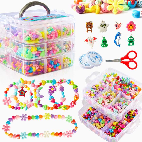 Beads for Kids Crafts, 1100 Jewelry Making Kit Includes Scissor, String, Instruction and Accessories for Bracelet Making, Toys for Girls by Inscraft