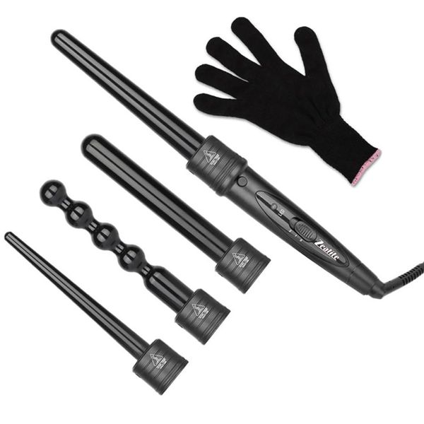 Curling Wand Set, Zealite Luxurious 4 in 1 Hair Curling Iron Set with Interchangeable Hair Wand Ceramic Barrels & Free Heat Resistant Glove (Black)