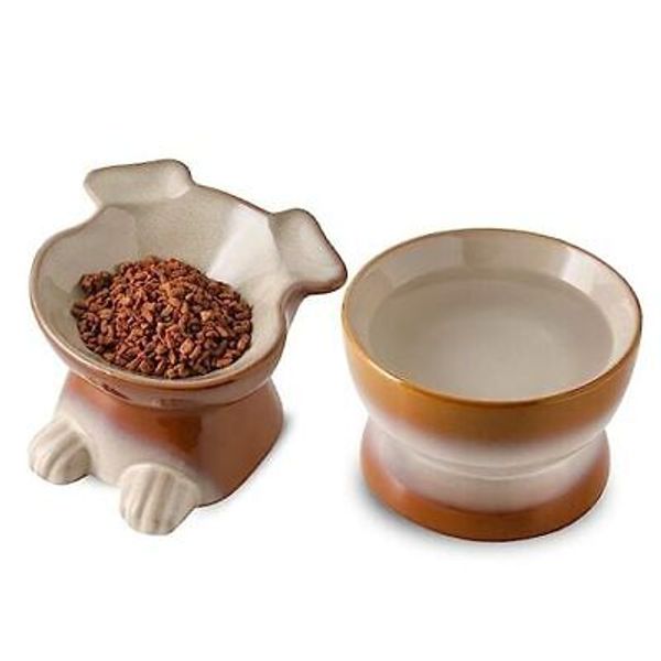 Dog Food & Water Bowl Set: Elevated Ceramic Dog Bowls for 8.5 OZ + 22 OZ Brown