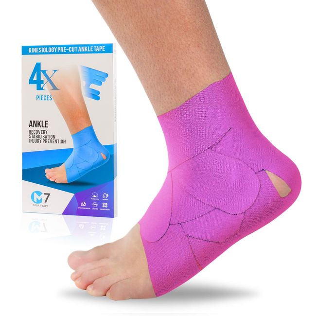 M7 Sport Kinesiology Ankle Tape for Ankle Sprain and Injury Recovery, Pain Relief Kinesiology Tape, Ankle Brace Compression Support, Plantar Fasciitis, Waterproof, Eases Swelling (Pink, 4-Pack)