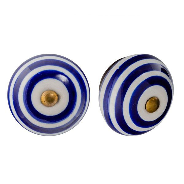 Nicola Spring Ceramic Cupboard Drawer Handle Knobs - Stripe Design - Dark Blue - Pack of 6