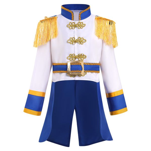 Prince Charming Costume for Kids Boys Royal Court King Outfit Tuxedo Coat Medieval Knight Party Cosplay Halloween Christmas Carnival Pretend Play Dress Up Long Sleeves Tailcoat White + Blue 7-8 Years