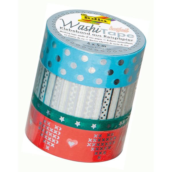 folia 26430 - Washi Tape, Klebeband aus Reispapier, Hotfoil silber III, 4er Set - ideal zum Verzieren und Dekorieren