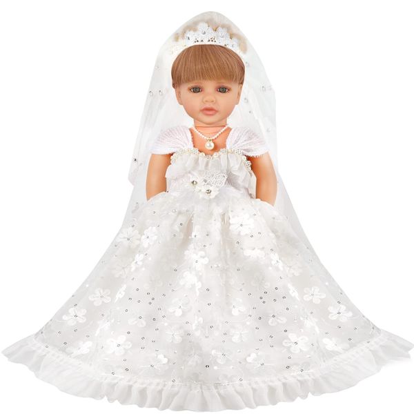 18 inch Doll Clothes Doll Wedding Dress Accessories Outfits for 18 Inch Doll Clothes - White Bride Dolls Gown Set with Long Lace Veil and Necklace for Girl Birthday Xmas Gift