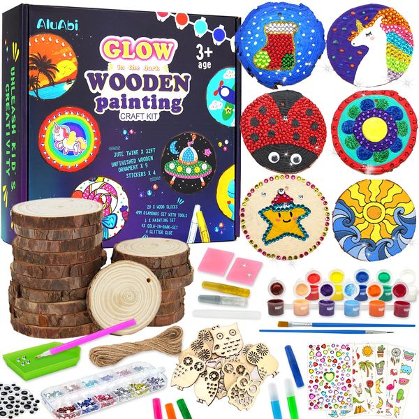 AluAbi Kids Wooden Painting Crafts Kit -Glow in The Dark,Arts & Crafts Gifts for Boys Girls Ages 5-12,Wood Slice Craft Activities Kits,DIY Creative Art Toys for Kids 5, 6, 7, 8, 9, 10, 11,12 Year Old