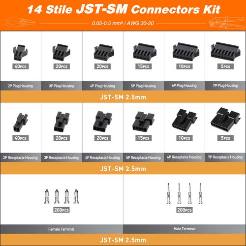 PEBA Crimping Tool Connector Set - 14 Styles JST-SM 2.5mm Connectors and Crimp Pins Assortment Kit, JST Crimping Pliers 0.05-0.5mm²(AWG 30-20) for JST (XH/SM/PH/SYP),Dupont, VH 3.96mm, Molex